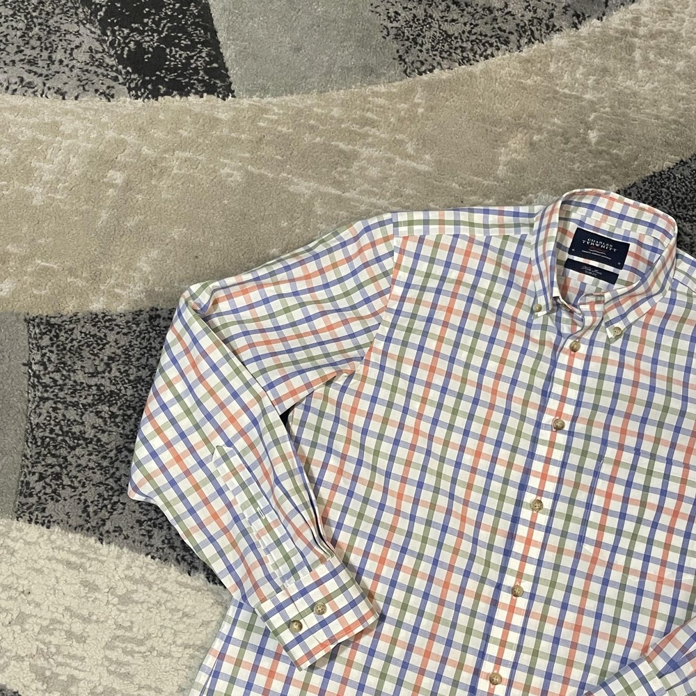 Charles Tyrwhitt Shirt Men Medium White Blue Red‎ Check Plaid Non Iron Slim Fit